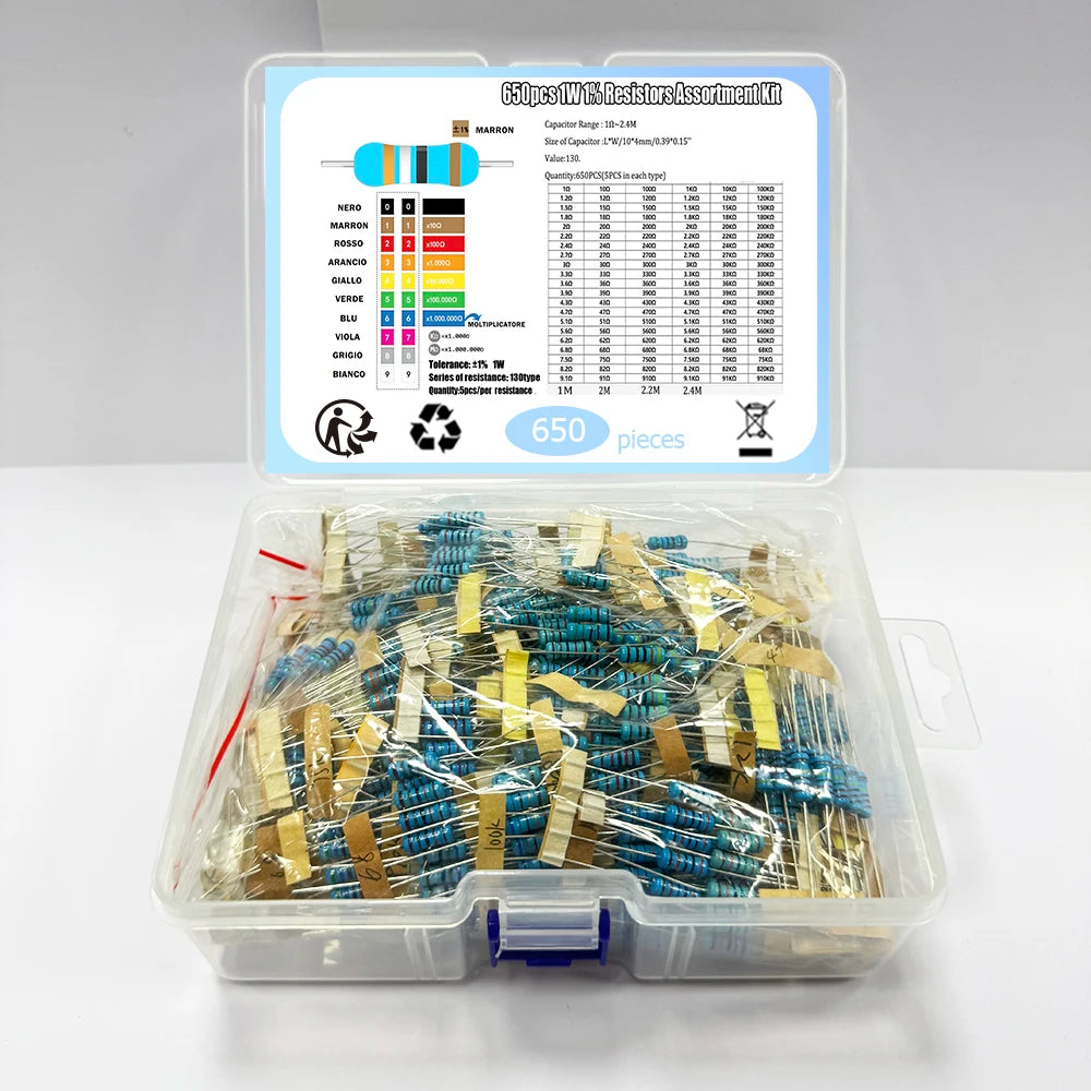 650Pcs 1W 1% 1R-2.4M 130ValuesX5Pcs Metal Film Resistor Kit Set