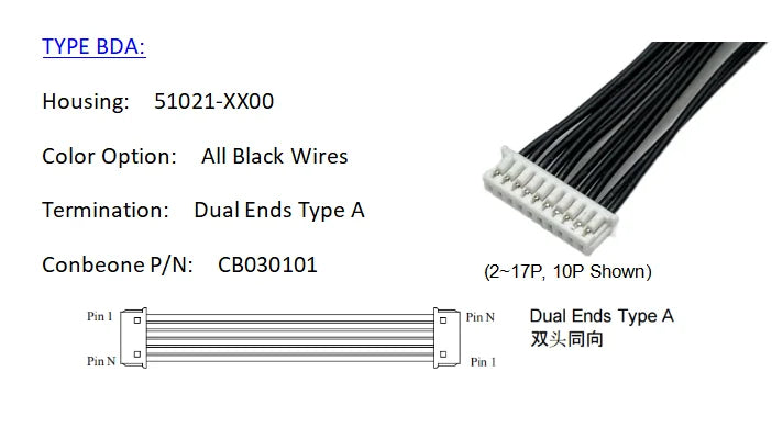 510210400 WIRE HARNESS, MOLEX PICO BLADE SERIES 1.25MM PITCH, 51021-0400, 4P CABLE, Off The Shelf