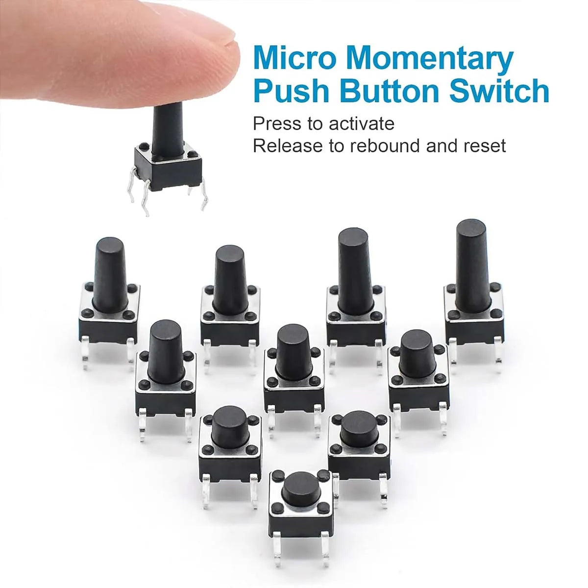 100Pcs 6x6mm Tactile Push Button Switch Assortment Kit, 9 Stem Heights 4Pin Vertical Momentary Micro Switches for Circuit Repair