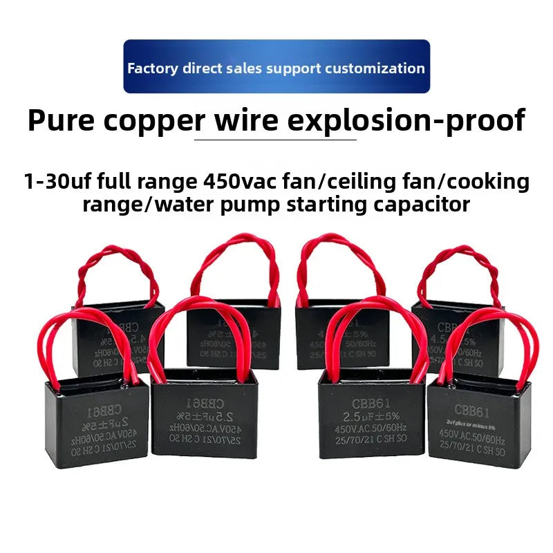 CBB61 Fan Start Capacitor 1.0/1.2/1.5/2.0/2.5/3.0/3.5UF 450V Universal for Ceiling Fans, Range Hoods, Water Pumps