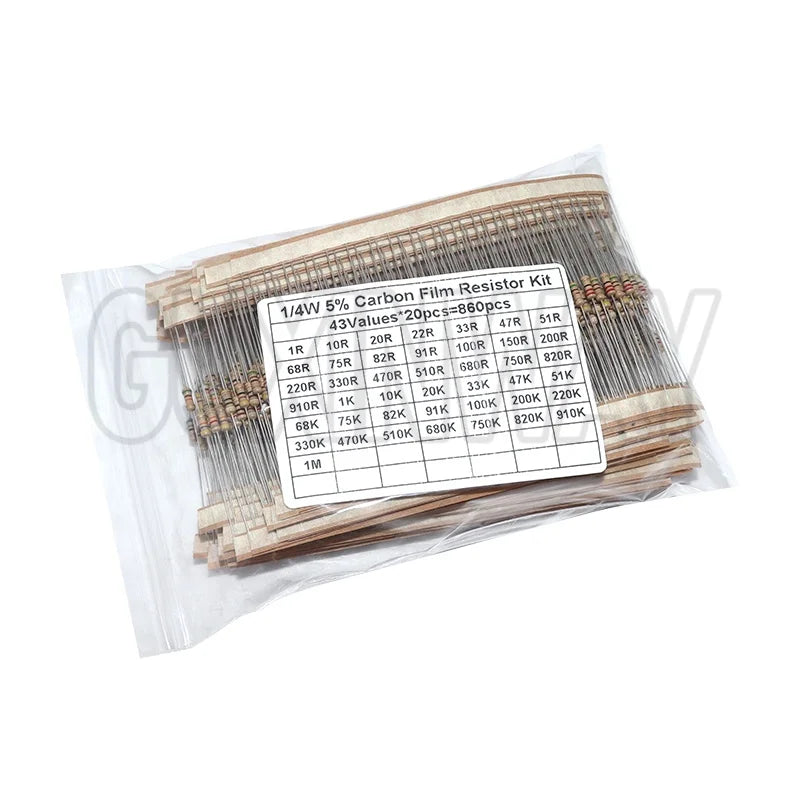 860pcs 1/4W Carbon Film Resistor Kit 5% Resistance Assorted Set 43valuesX20pcs 1R - 1M Ohm 0.25W Sample Pack