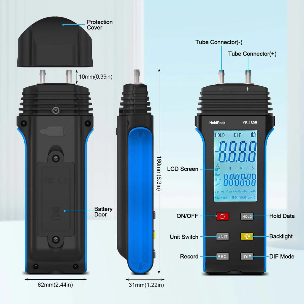 HoldPeak 189B Digital Manometer 11 Units Differential Pressure Gauge MAX/MIN/AVG Backlight for HVAC System