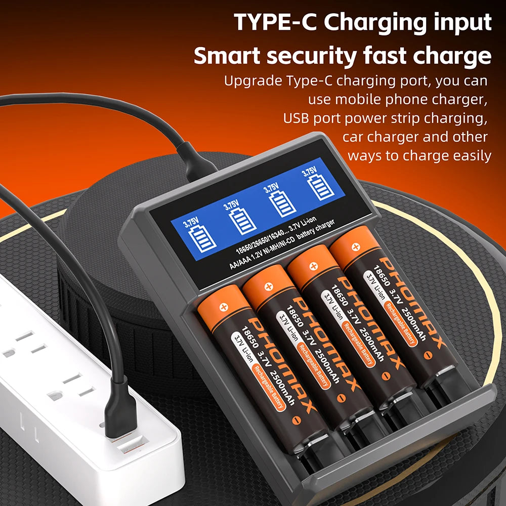 PHOMAX USB LCD Battery Smart Charger 2/4 Slots Dual For 18650 3.7V Rechargeable Lithium Battery For 1.2V NI-MH AA / AAA Battery