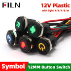 12mm 12V IP65 Symbol Push Button Switch Waterproof Plastic Button Momentary  for Racing Car & Boat - Dashboard Warning