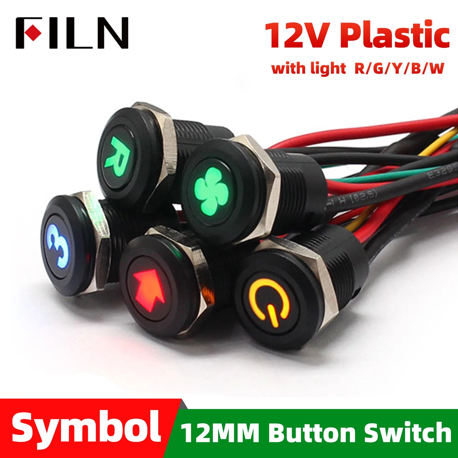 12mm 12V IP65 Symbol Push Button Switch Waterproof Plastic Button Momentary  for Racing Car & Boat - Dashboard Warning