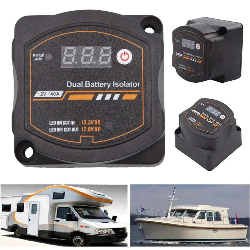 Dual Battery Isolator 12V 140A Auto Manual Voltage Sensitive Relay with Digital Voltmeter Smart VSR for Camper Car RV Yacht Boat