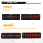 Nilight 8 Gang Rocker Switch Panel 5Pin On Off Toggle Aluminum Holder 12V 24V Dash Pre-Wired Red Backlit Switches for Automotive Cars Marine Boats RVs Truck