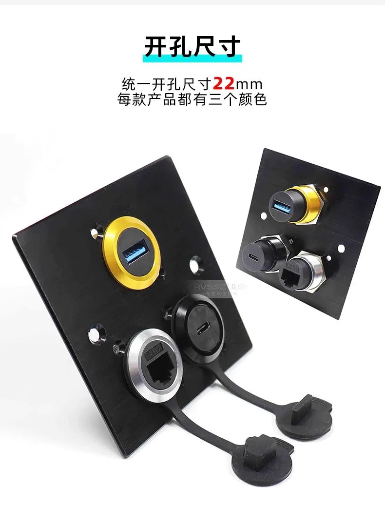 C-type USB3.0 Panel Socket Metal 22mm Circular Dual USB 2.0/3.0 Thread Module Connector USB Interface Type-C HDMI Plug Sockets