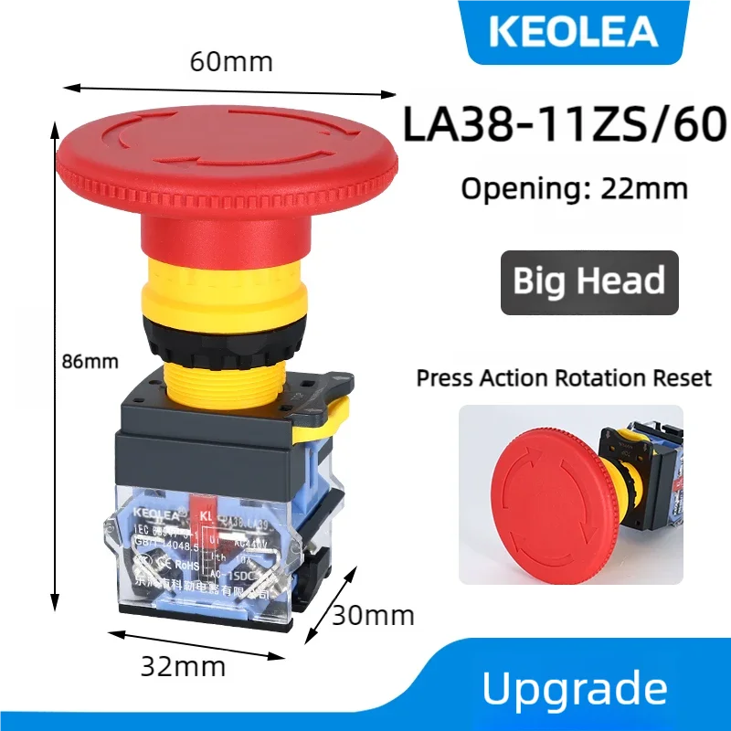LA38 Emergency Stop 10A Self-locking Rotary Reset Latching Head Power Switch Mushroom Push Button Switch 22mm 1 NO I NC 2NC