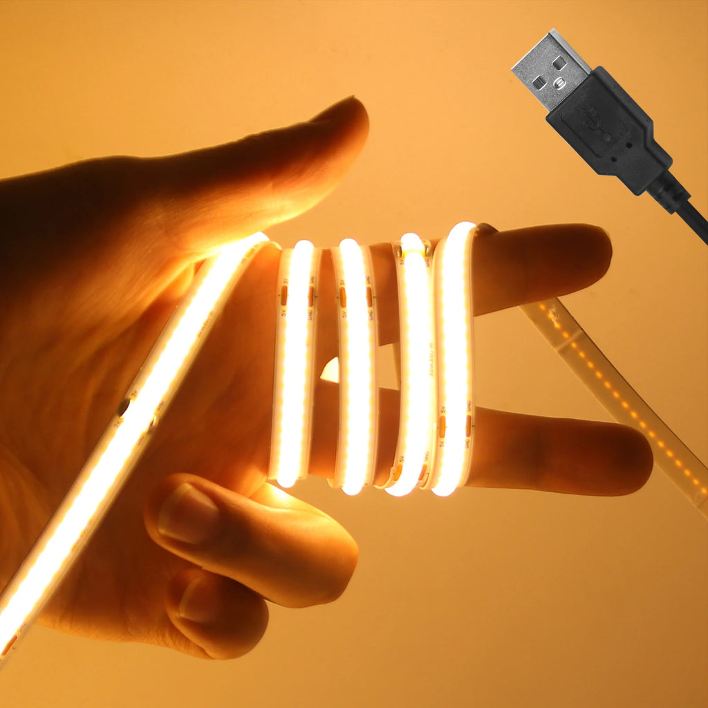 DC 5V USB COB Strip Width 8MM Flexible LED Strip Cabinet Light Lamp Home Decor TV Backlight Pink/Red/White/Ice Blue/Yellow/Green