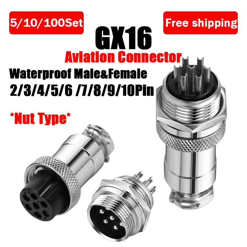 5/10/100Sets GX16 Aviation Plug Scoket Connector 2pin 3pin 4pin 5pin 6pin 7pin 8pin 9pin 10pin Nut Type Male Female Butting