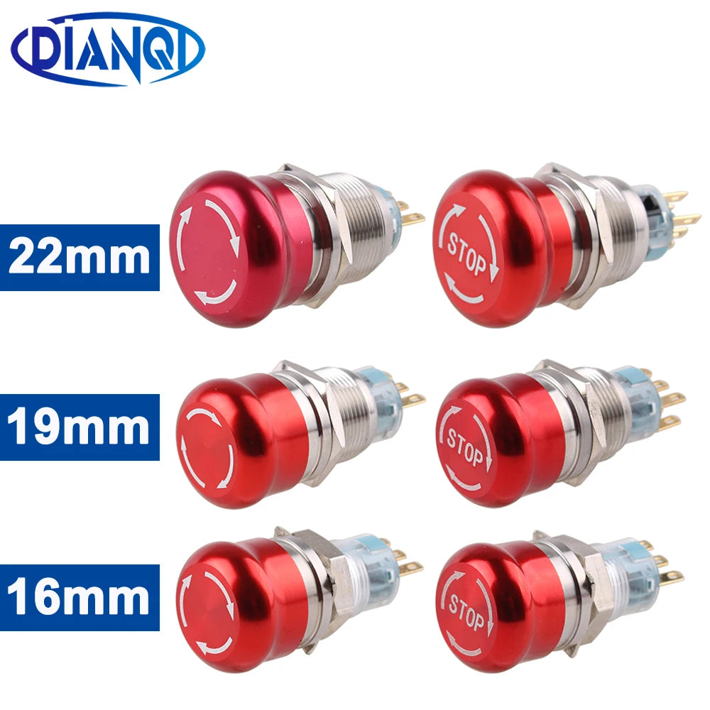 16/19/22mm Metal Aluminum Emergency Stop Switch Push Button Switch Latching NO NC 2NO 2NC Pin Terminal Red Mushroom Stop Button