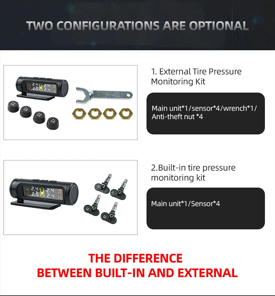 E-ACE 4 Sensors TPMS Removable Battery Wireless Intelligent Sensing Tire Pressure Monitor System Safety Alarm LCD Display