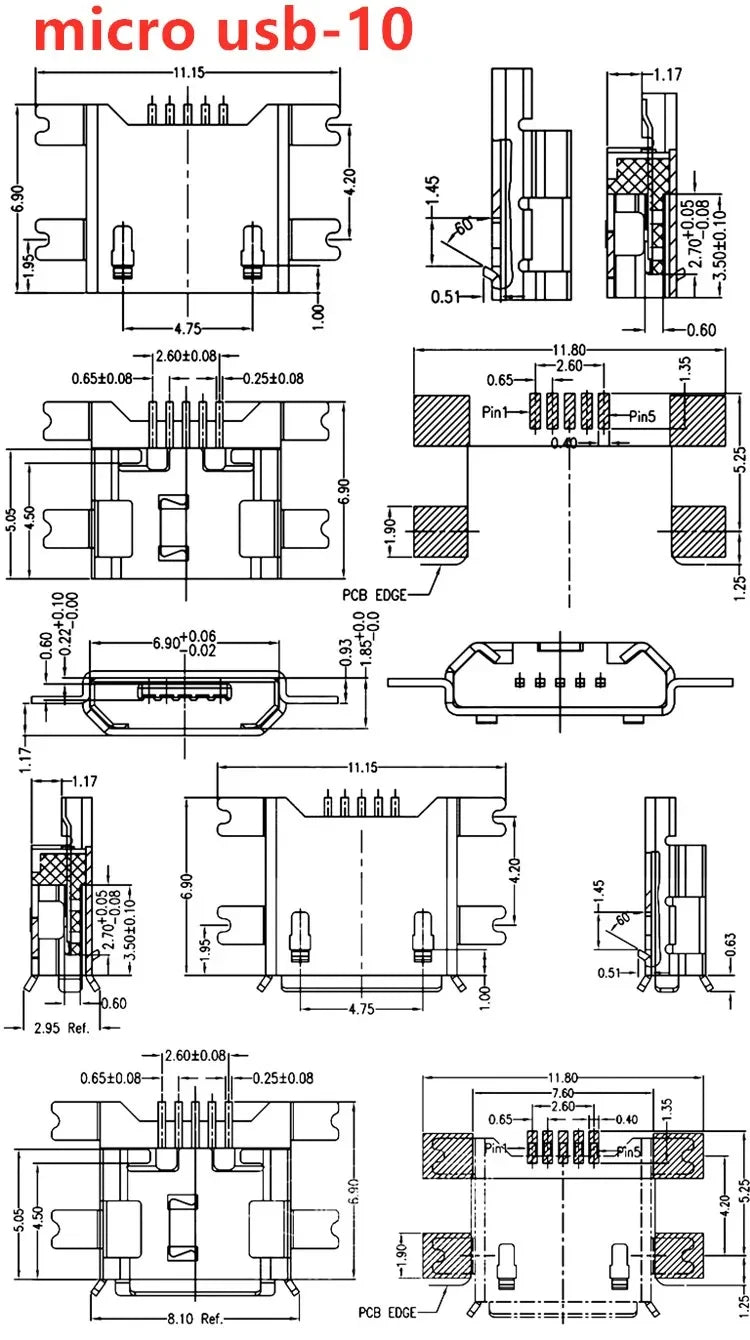 20pcs Micro USB 5 Pin SMT Socket Connector Type B Female Placement DIP SMD USB Charging Adapter Connectors Plug