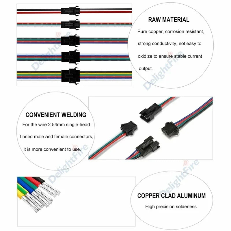 SM JST Connector Cable 22 20AWG Male Female 2/3/4/5/6Pin 12V LED Connectors For Pixel WS2812B RGB LED Strip Light Lamp Driver