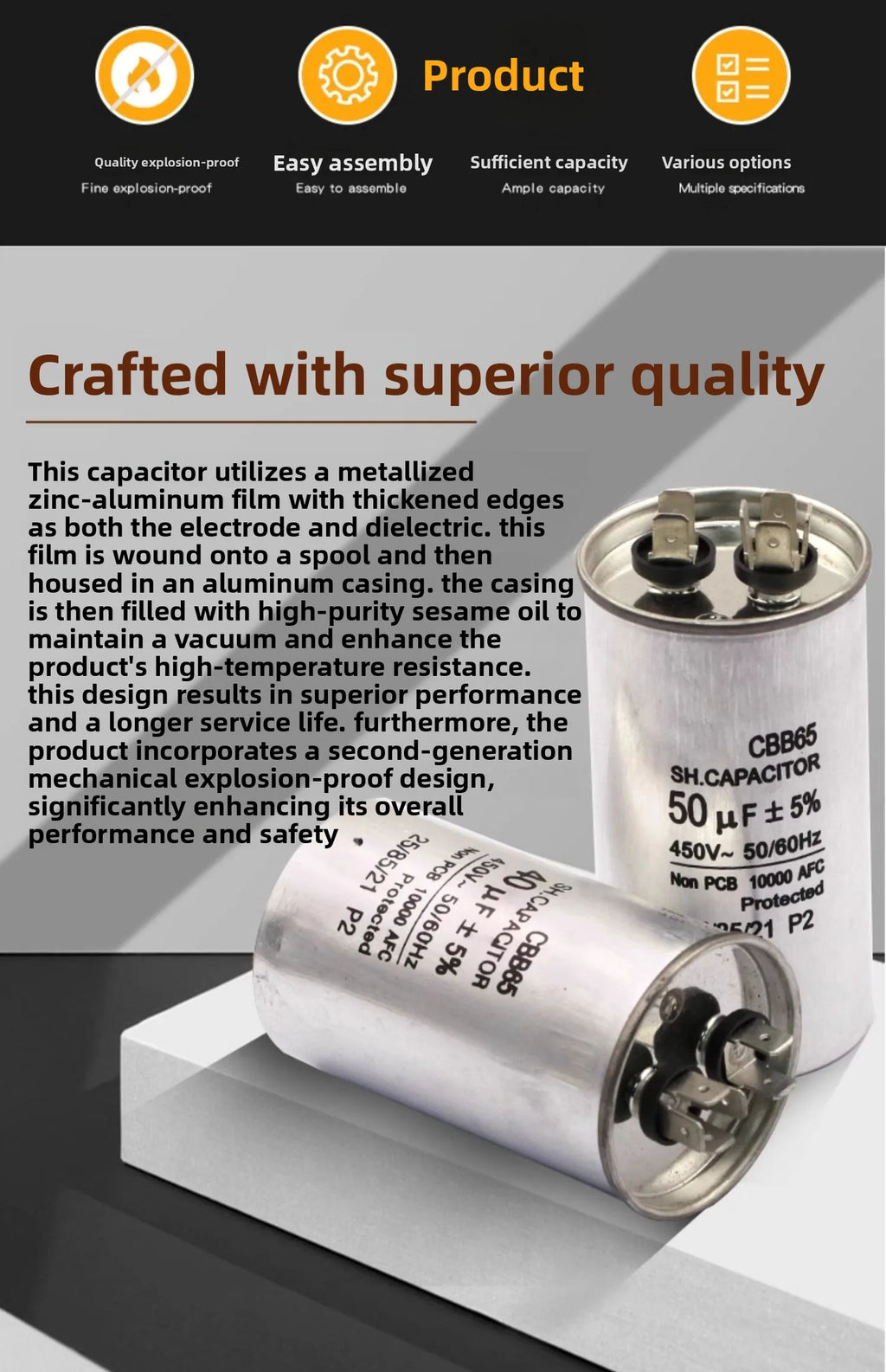 CBB65 AC Motor Capacitor Air Conditioner Compressor Start Capacitor 450VAC 5uF 20uF 25uF 30uF 35uF 40uF 45uF 50uF 60uF 70uF 5%