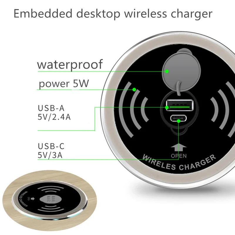 QI 3 in 1 Wireless Charger Buld in With Type-C USB Ports Quick Wireless Embedded Charger for iPhone 11 13 Airpods Xiaomi