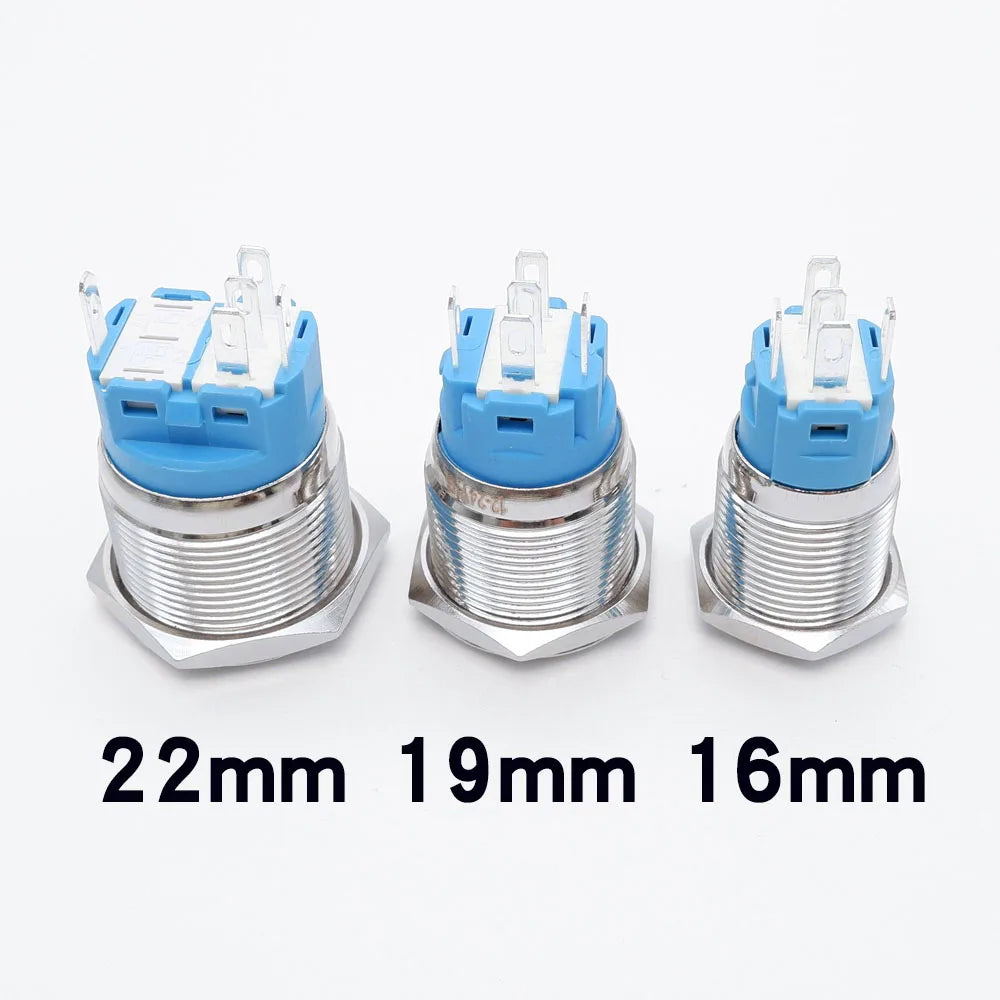 16/19/22mm Metal Push Button On Off Switch LED Light Momentary Latching Waterproof Flat Circular Button Silver Black 6v 12v 220v
