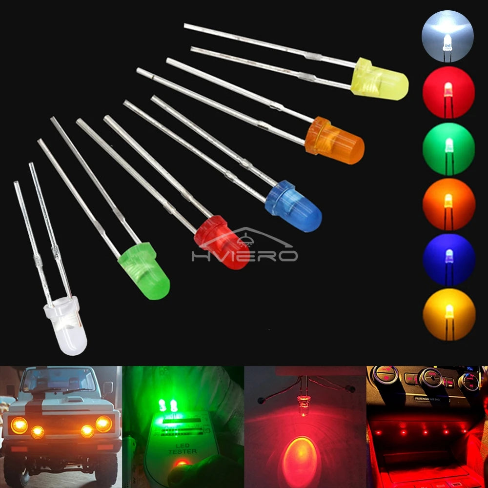 100-1000X 3mm Ball Bulb Led White Green Yellow Blue White Red Ultra Bright Light Emitting Diode Round Head with Edge Short Feet