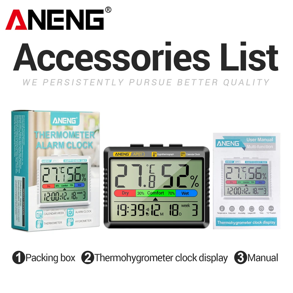 Digital Thermohygrometer Clock ANENG AP01 Snooze Alarm Mode Air Thermometer Humidity Multi-scenario High Precision Tester Tools