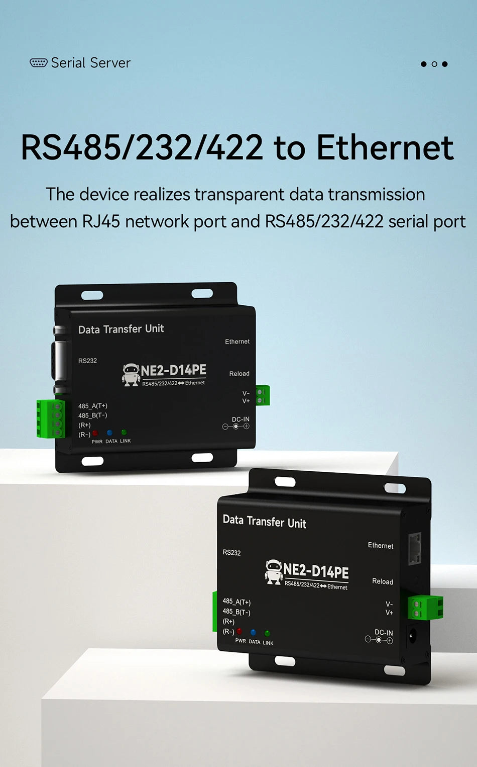 RS485/RS232/RS422 to Ethernet Serial Server Modbus Gateway POE Power Supply MQTT CDEBYTE NE2-D14PE Power and Signal Isolation