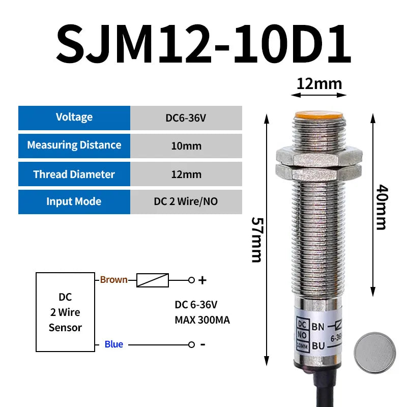 SJM12-10D1 Metal Hall Sensor Plastic Magnetic Proximity Switch M12 NPN DC 6-36V Normally Open 200mA DC 2 Wire NO 10mm