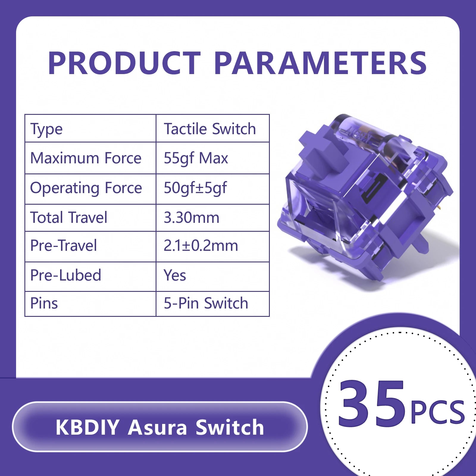 KBDiy Asura Switch Tactile MX Switches 50g for Gaming Mechanical Keyboard KIT Purple Factory Lubed Custom DIY 5Pins GMK67 Hi75