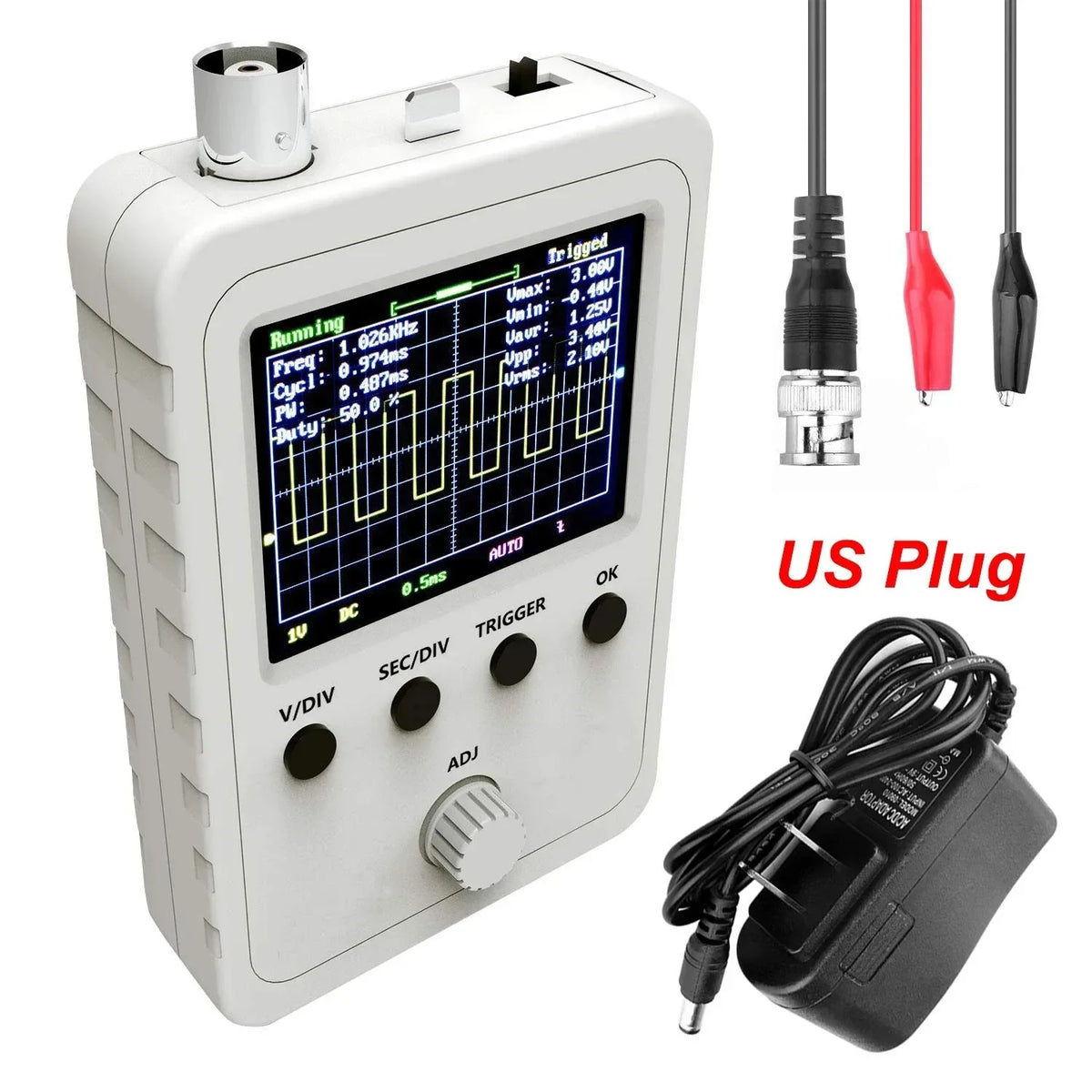 FNIRSI 2.4” TFT Handheld Digital Oscilloscope 0-200KHz Bandwidth 1M Sampling Rate with BNC-Clip Cable Probe and Power Supply