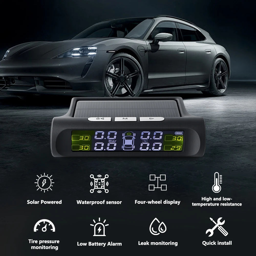 Digital LCD Display Universal Smart Car TPMS Tyre Pressure Monitoring System Auto Security Alarm Solar Charging