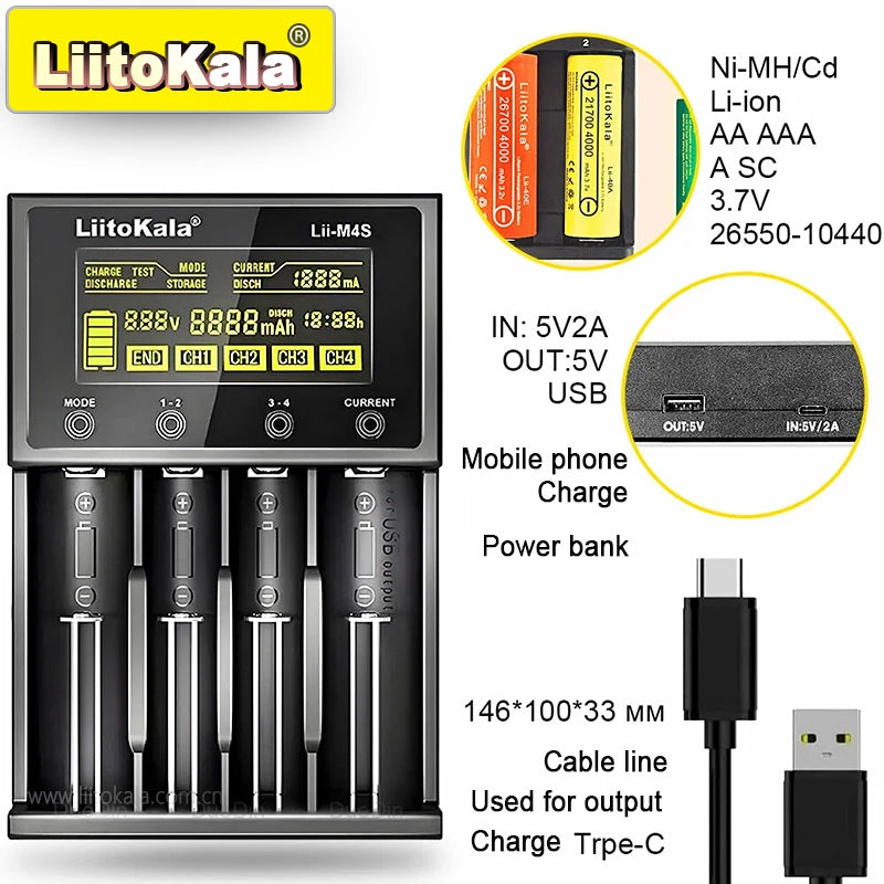 LiitoKala for 18650/26650/AA/AAA Li-ion/Ni-MH LCD Display Safe Fast Charging Lii-M4/M4S 4-Slot Smart Charger