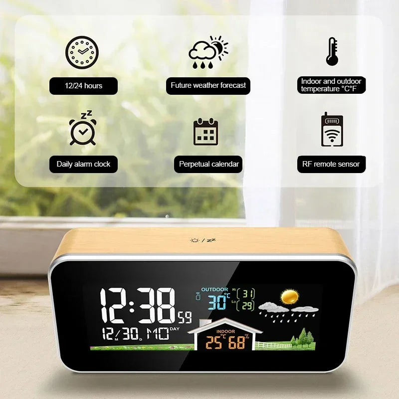 Wooden Wireless Weather Station Alarm Clock - Digital Thermometer Humidity Monitor with Wireless Sensor, Home Desktop TimeWatch