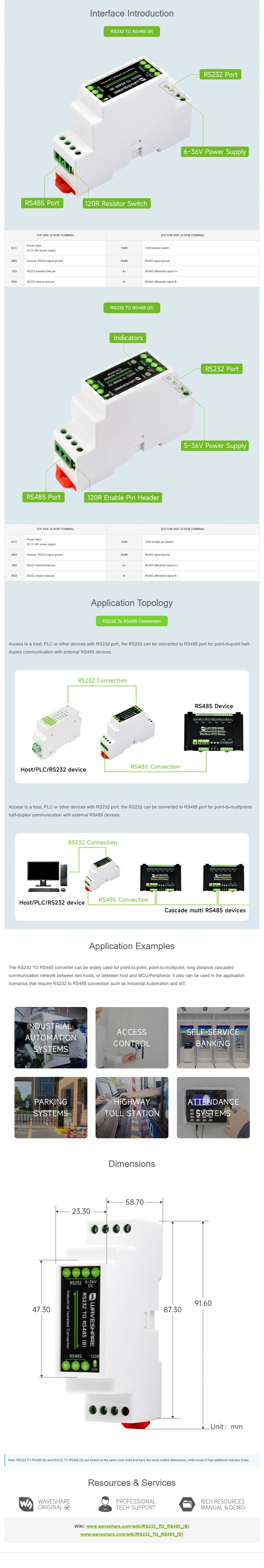 Waveshare RS232 To RS485 Converter (B), Active Digital Isolator, Rail-Mount support, 600W Lightningproof & Anti-Surge 6~36V DC