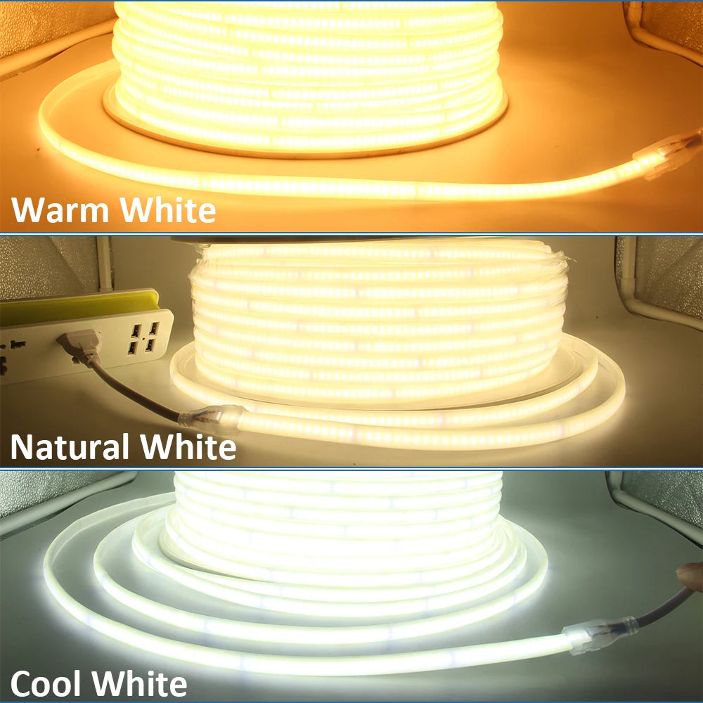 AC220V COB LED Strip Light IP67 Waterproof Flexible Ribbon 2Pin Wire/EU Plug Tape Lamp 3000K/4000K/6000K Outdoor Linear Lighting