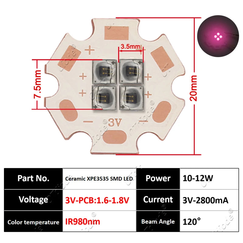 IR LED 10W High Power Chip Infrared 660nm/730/760/810/850/940nm 12W 3535 Bead 2V 4V 8V 700/1400/2800mA For Night Vision Security