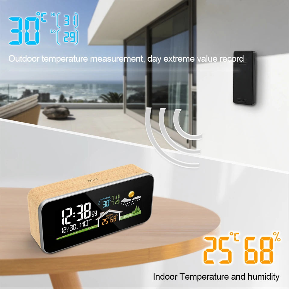 Wireless Weather Station Wooden Alarm Clock Digital Thermometer Humidity Temperature Wireless Sensor Home TimeWatch Desktop