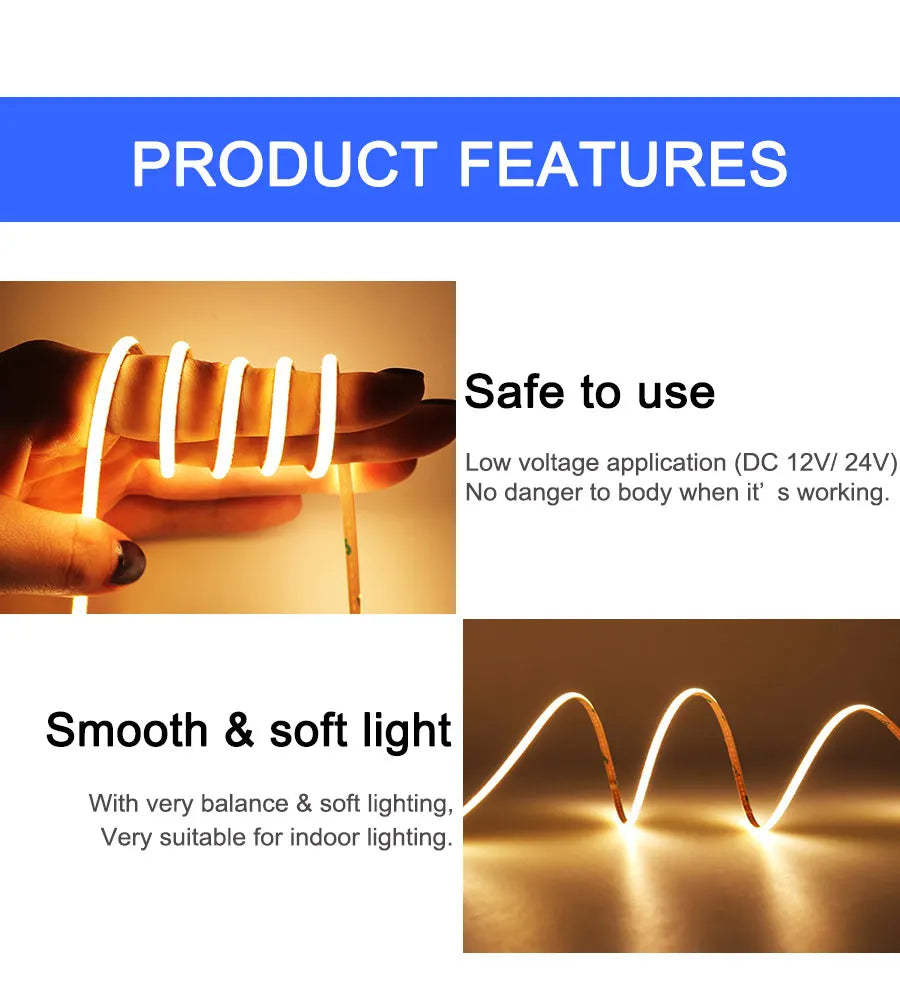 FOB COB LED Strip Lights 3mm 5mm 8mm 10mm 12V 24V Flexible Dimmable LED Tape Easy Install Cuttable 3000K 4000K 6000K LED Tape