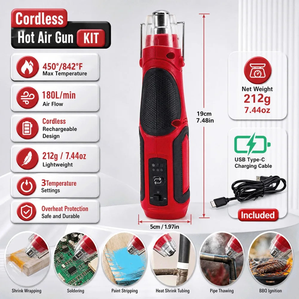 Cordless Mini Hot Air Gun Lithium Battery Rechargeable Handheld Heat Gun for DIY Rubber Stamp Shrink Plastic Embossing Powder