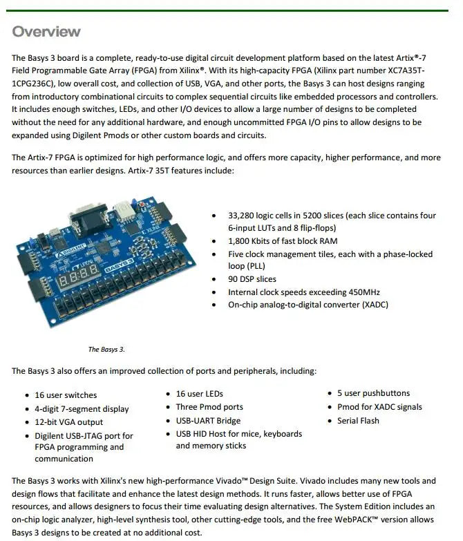 Basys3 FPGA 410-183 Programmable Logic IC Development Tools Artix-7 FPGA Board with XC7A35T-1CPG236C Basys 3