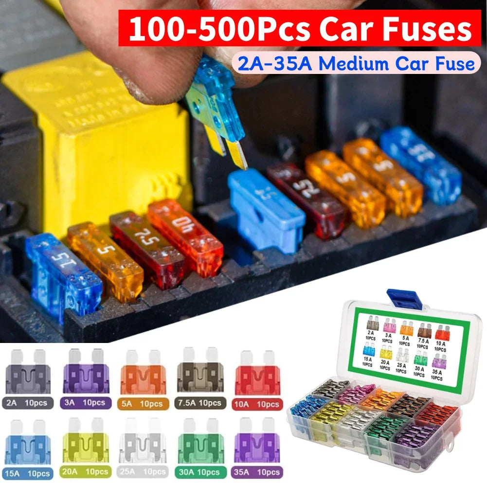 100-500Pcs Auto Fuse Kit Car Fuse Assortment Blade Type Fuse Assorted Kit with Box 2A 3A 5A 7.5A 10A 15A 20A 25A 30A 35A 10Types