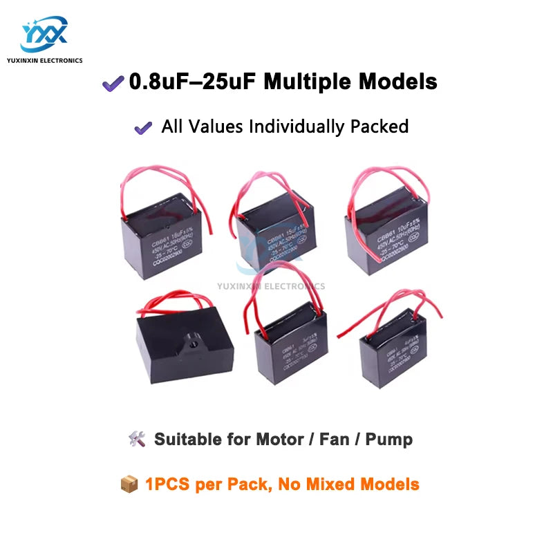 1PCS CBB61 Capacitor 0.8uF to 25uF 450V AC Motor Fan Run Start Super Capacitor Condensador for Ceiling Fan Air Conditioner Pump