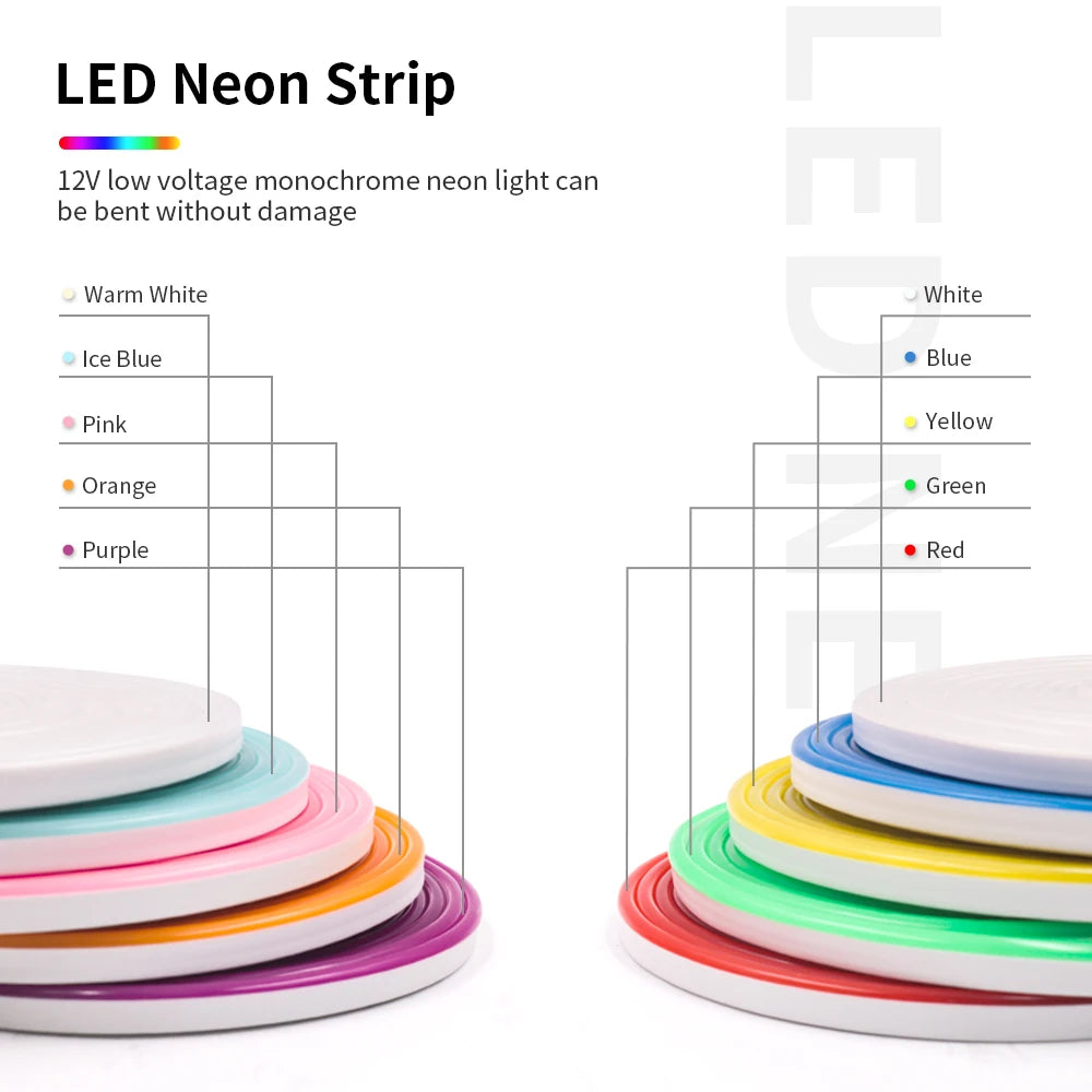 Neon Strip DC 12V IP65 Waterproof 2835 120Leds/M White/Blue/Pink/Yellow/Red/Green Flexible Ribbion Rope LED Strip 0.5M 1M 3M 5M