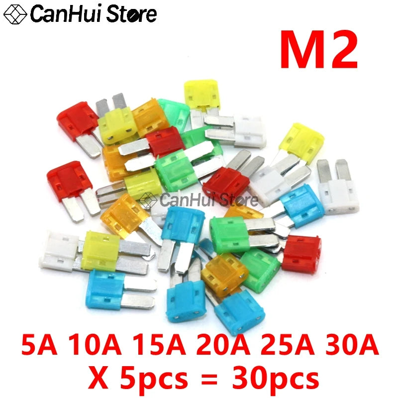 30pcs 5A10A15A20A25A30A x 5pcs M2/Mini/Small/Medium Car Fuses Set Mixed Mini Standard Blade Fuse for Auto Truck Automotive Boat