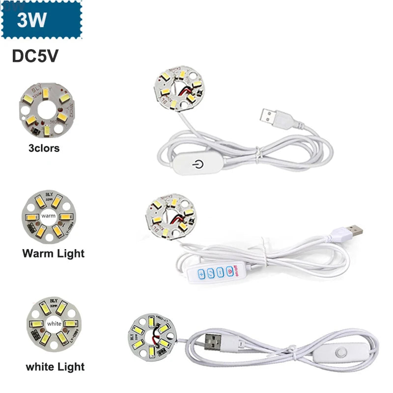 Warm White DC5V 3W USB LED Lights 5730 Chip Single/3 Color Reading Night Light Desk Book Tablet Lamp Switch Power Cable Dimmable