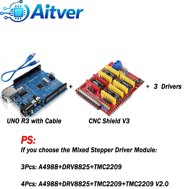 CNC Shield V3 GRBL Controller Kit for Arduino UNO with A4988 DRV8825 TMC2209 V2.0 Stepper Drivers and Limit Switches