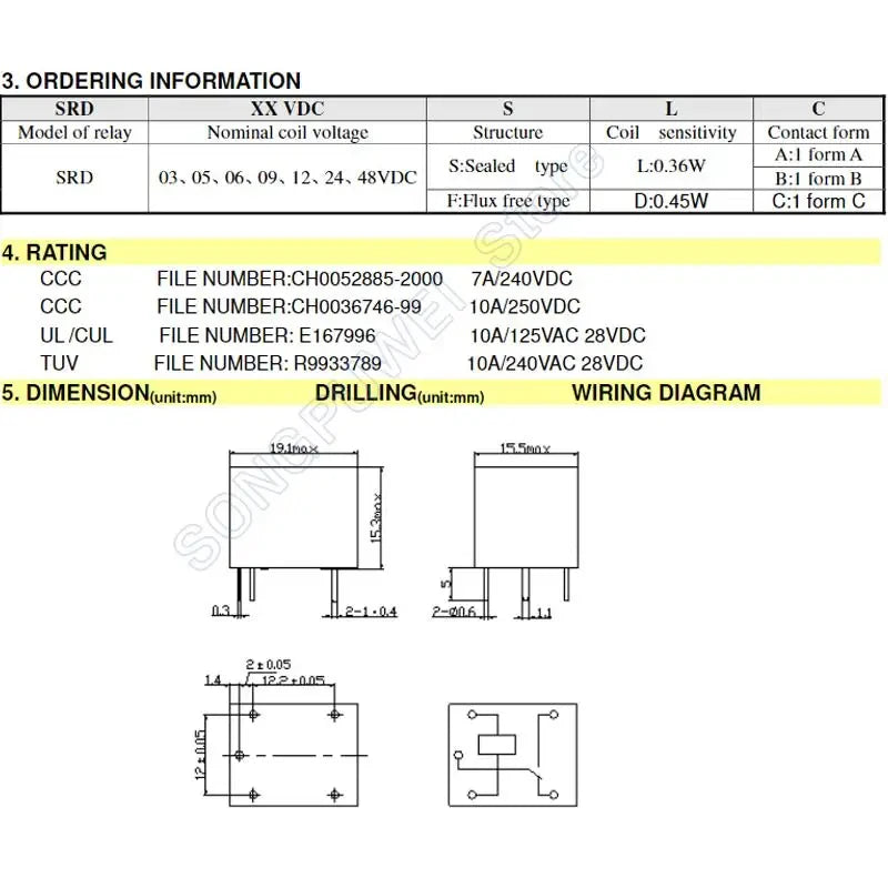 100Pcs/lot  SRD-05VDC-SL-C SRD-12VDC-SL-C SRD-24VDC-SL-C SRD -03V 05V 06V 09V 12V 24V 48V DC Power Relays 10A 250VAC 5PIN T73