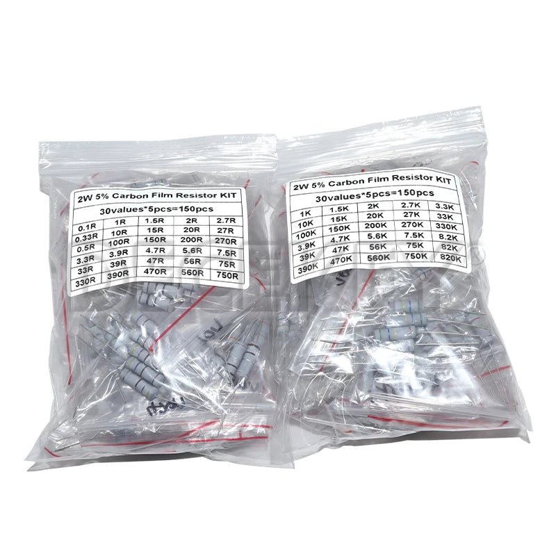 Resistor Kit 1W 2W 3W 5W 5% 30Kinds X 10PCS Carbon Film Resistance 0.1-750 ohm Set 1k-820K 30Kinds X 5PCS