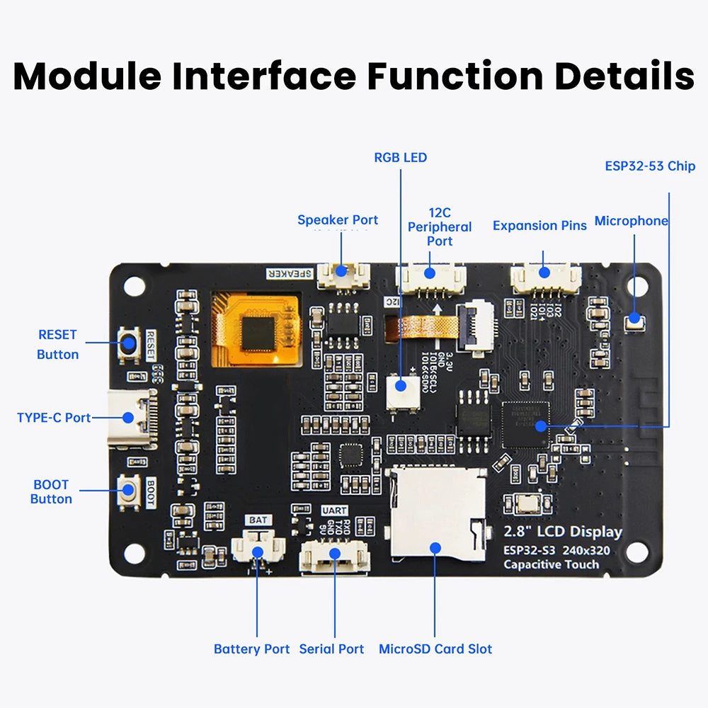 ESP32‑S3 2.8 inch 240x320 TFT LCD Capacitive Touch Type‑C WiFi BLE Mic Speaker TF‑Slot Li‑ion Charge For AI Voice IoT Project