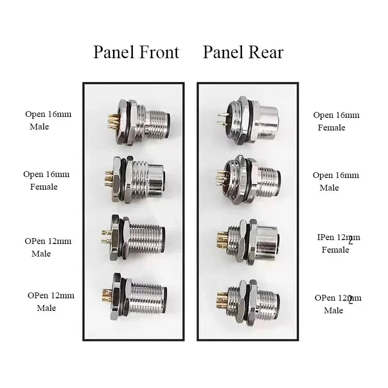 Waterproof M12 Male Female Connector Cable IP68 4 5 8 12 Pin Aviation Socket with 20CM Wire Open 12mm/16mm Panel Mount Sockets