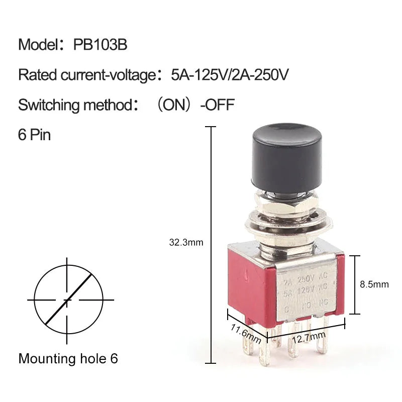 5PCS 3Pin C-NO-NC Reset Latching Toggle Switch Automatic return Push Button (ON)-OFF 5A125V/2A250V 6mm Mini Toggle Switches