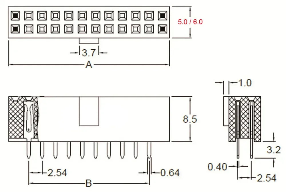 10pcs 2.54mm Pitch Female Header Strip 6/10/14/16/20/26/34/40/50 Pin Dual Straight DIP Polarizing Key Connector 6P 10P 40P 50P